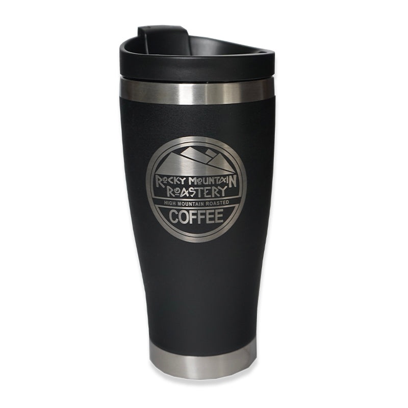 Picture of a black and a red travel mug, both engraved with the RMR logo.