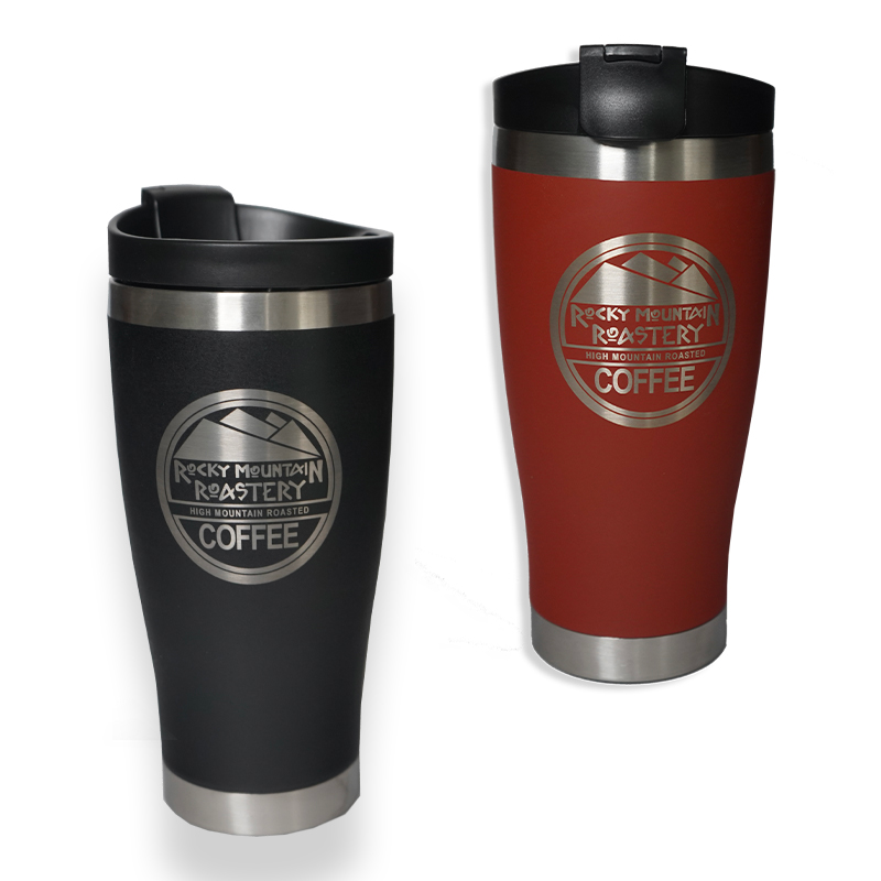 Picture of red and blcak stainless steel coffee mugs engraved with RMR Logo