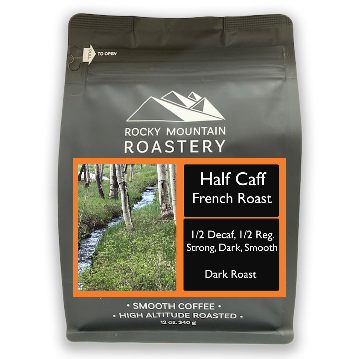 Picture of a bag of 1/2 Caf French Roast Coffee