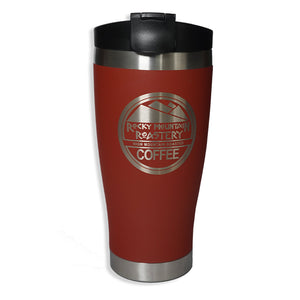 Picture of a red travel mug engraved with the RMR logo.